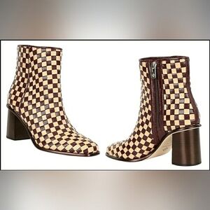 Chic Retro Rider Baddie Leather Checkered Braided Woven Block Heel